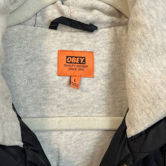 OBEY Nylon Quilt Jacket Hood Pockets Lined, Size L - Picture 2 of 9